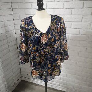 St John's Bay Ladies Size Small Navy with Flower Pattern Loose Fit Blouse